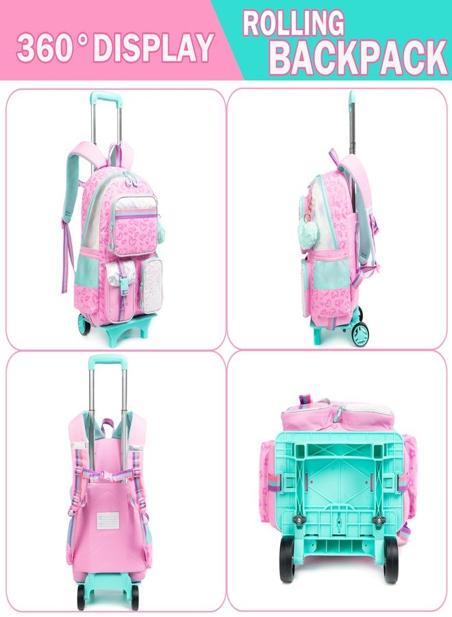 Meetbelify Girls' Rolling Backpack with Wheels - Cute Kawaii Carry On Backpack with Lunch Box for Elementary Students - Pink Love - Image 3